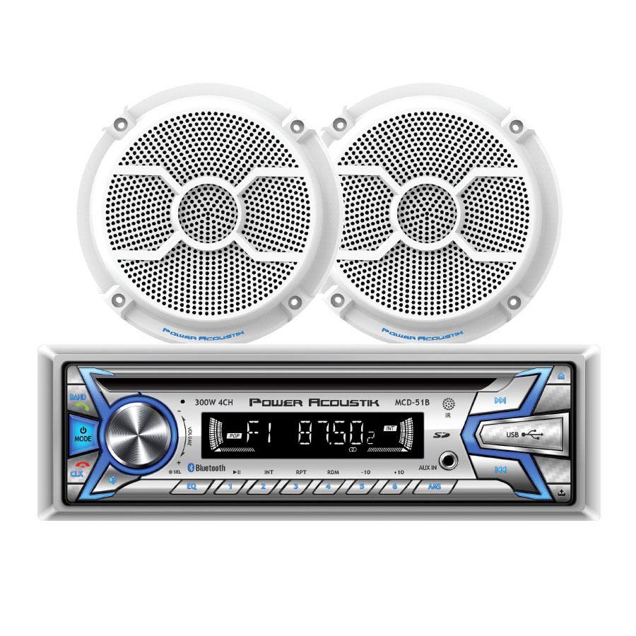 Power Acoustik, Power Acoustik MCD1-265, CD/MP3 1-DIN, AM/FM, USB, AUX & BT avec paire de haut-parleurs marins 6.5