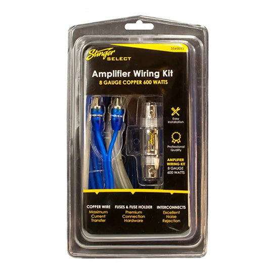 Stinger Select, Stinger Select SS600XS, Kit d'amplificateur avec RCA torsadées bleues et ACC satiné avec fusible AGU - 600W